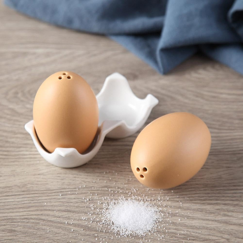 Ensemble salière et poivrière en céramique en forme d'œuf, pot à épices amusant, mini shaker marron en forme d'œuf avec support de support pour épices de cuisine
