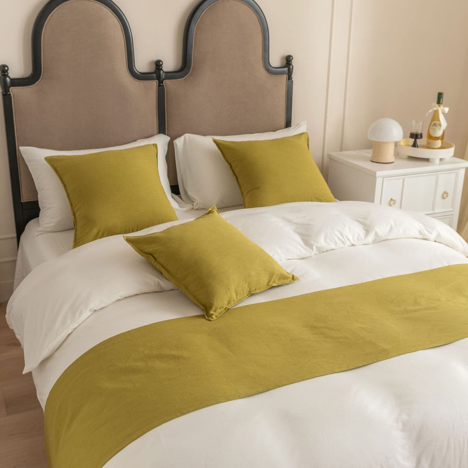 Chemin De Lit Hôtel Avec Coussin Assorti - Vert Herbe, 45x180+45x45cm, Uni, Doux, Pour Chambre Ou Salon