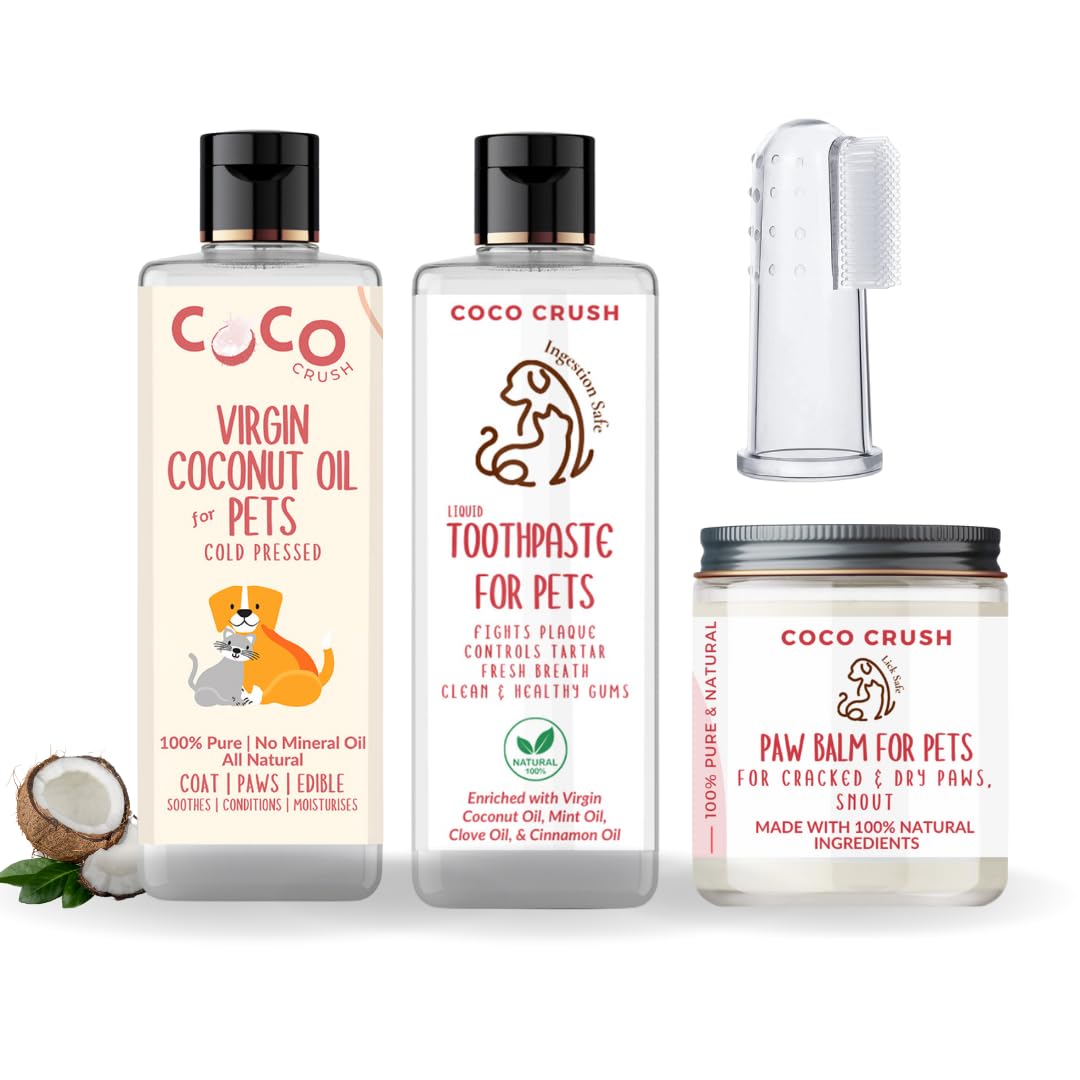Pet Essentials Combo - 100% Natural Liquid Toothpaste, Toothbrush, Virgin Coconut Oil, & Paw Balm | Organic Ingredients, Ingestion safe | For Dogs, Cats, Puppies, Kittens (200g toothpaste, brush, 85g balm, & 200g coconut oil; 485g) (B0CYC8QZCL) Amazon Price History, Amazon Price Tracker