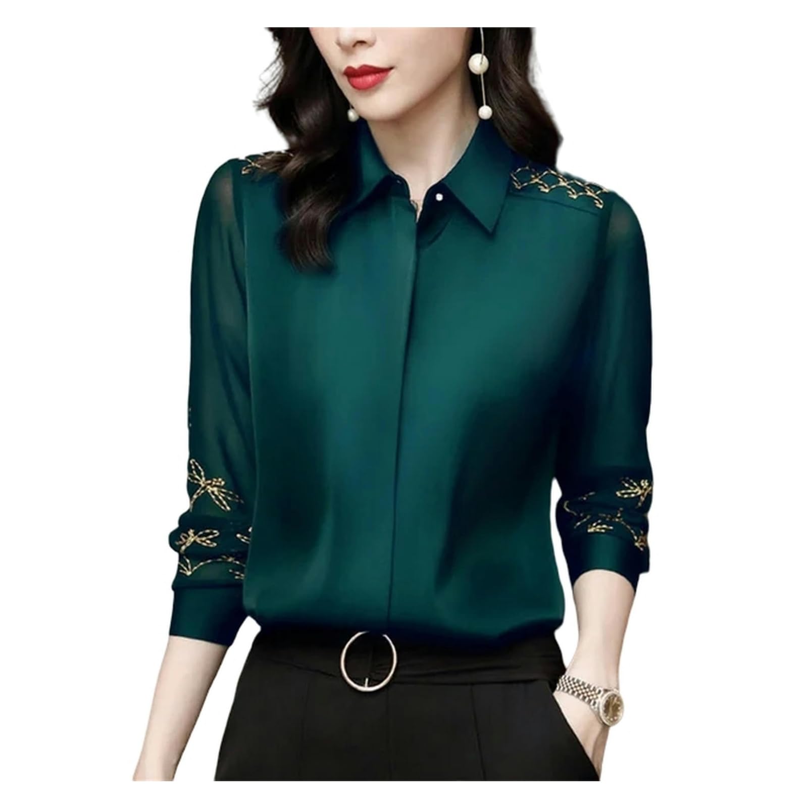 Camicia Donne Spring Autumn Style Chiffon Sicle Camicie Camicie Lady Long Worn-Down Collar Tops