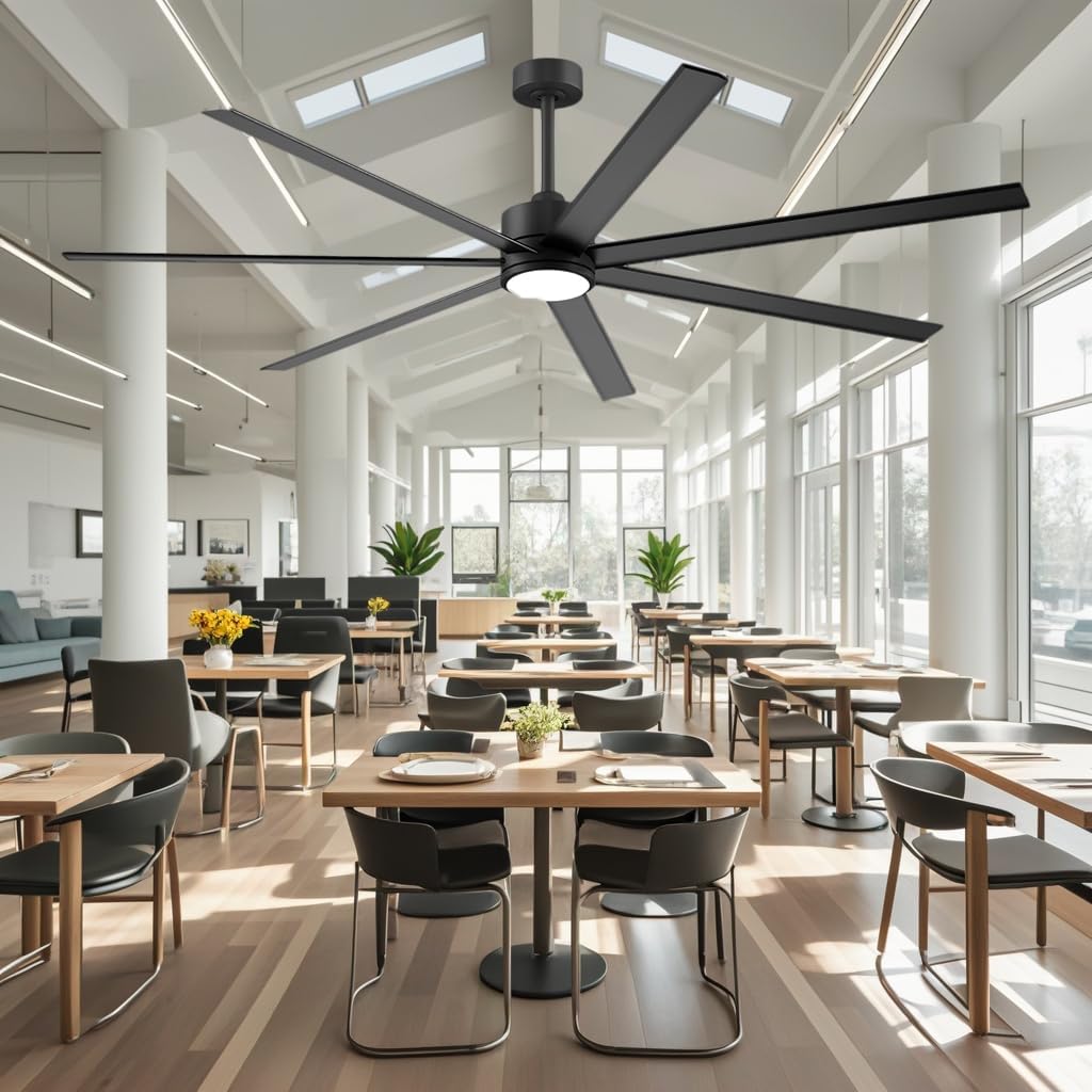 Modern Black Industrial Ceiling Fans with Lights and Remote 72 inch large Outdoor Ceiling Fan for Patio Living Room Garage Commercial Spaces with 7 Windmill Blades, Quiet DC Motor, 6 Speed Reversible