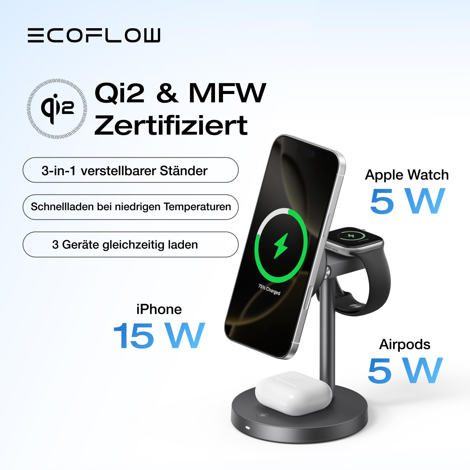 EcoFlow 3 in 1 Qi2 Magsafe Apple Ladestation mit Verstellbarer Ständer, Kabellose iPhone Ladestation Magnetisches Kabelloses Ladegerät 15W für iPhone 17/16/Series, Apple Watch und AirPods, Schwarz