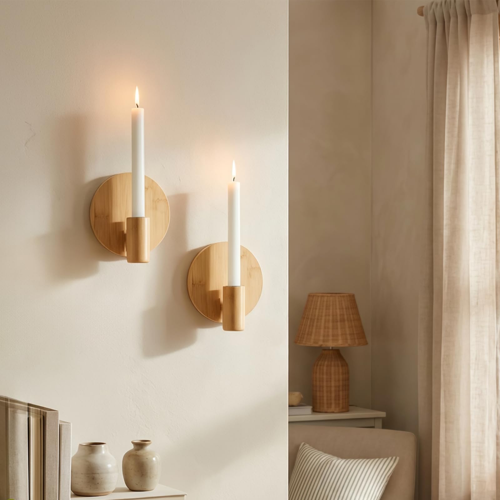 2 Stück Minimalistischer Wandkerzenhalter Set, für Stabkerzen (Holz)