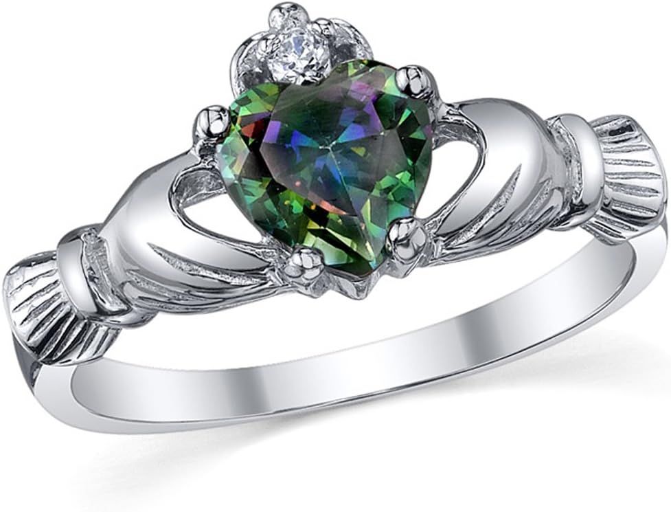 Metal Masters Sterling Silver 925 Irish Claddagh Friendship & Love Mystic Rainbow Simulated Topaz Color Heart Cubic Zirconia Ring