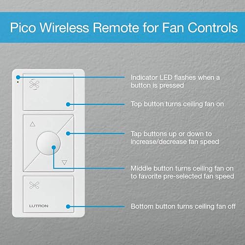 Vista 5 de Lutron Pico Remote para Caseta Smart Fan Control de velocidad, control de 3 botones, para uso en mesa o montaje en pared, PJ2-3BRL-WH-F01R