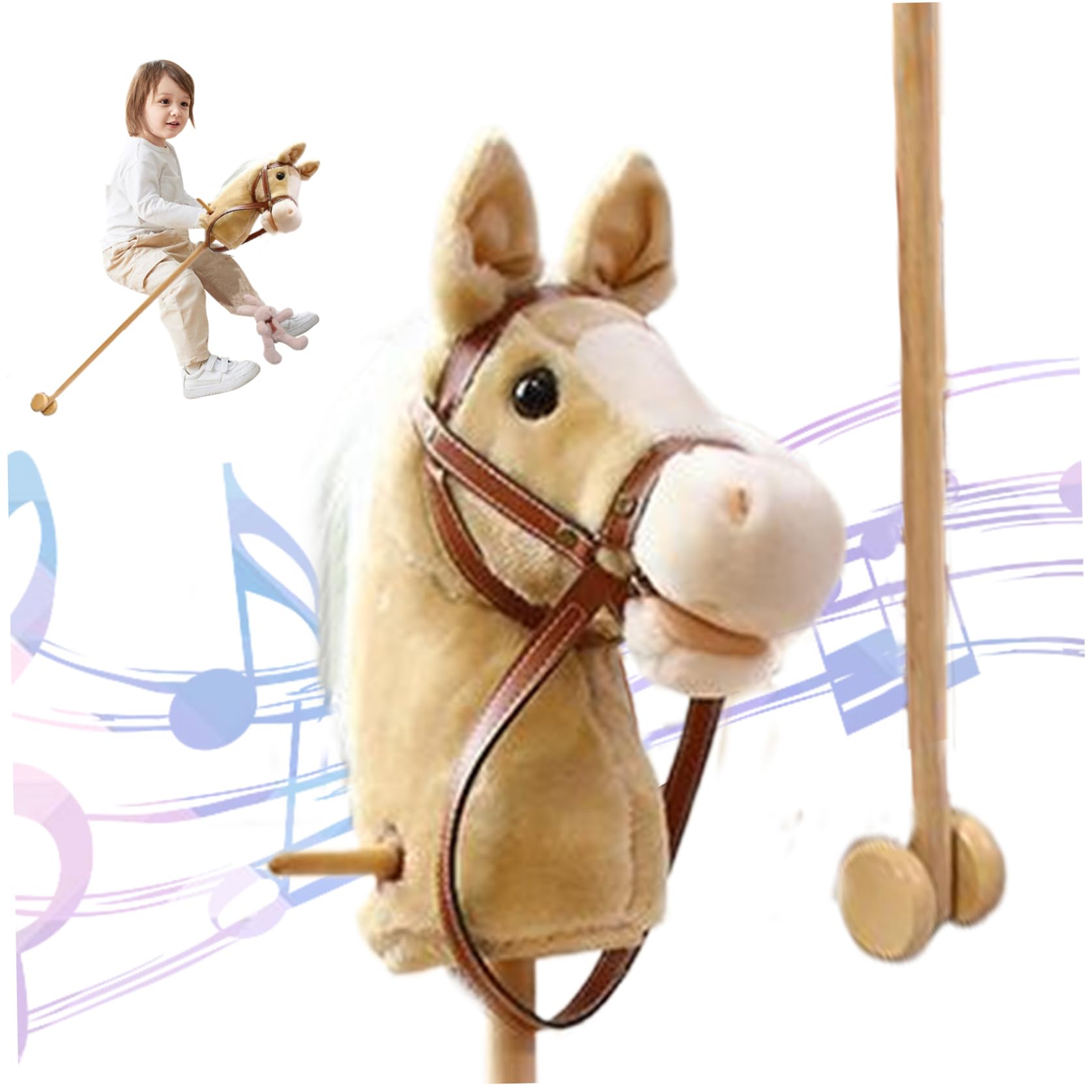 Caballo de palo con efectos de sonido realistas, juguete de peluche para montar en caballo, 39 de alto, pasatiempo de Halloween con ruedas y poste de madera, mango antideslizante, juguete para mon.