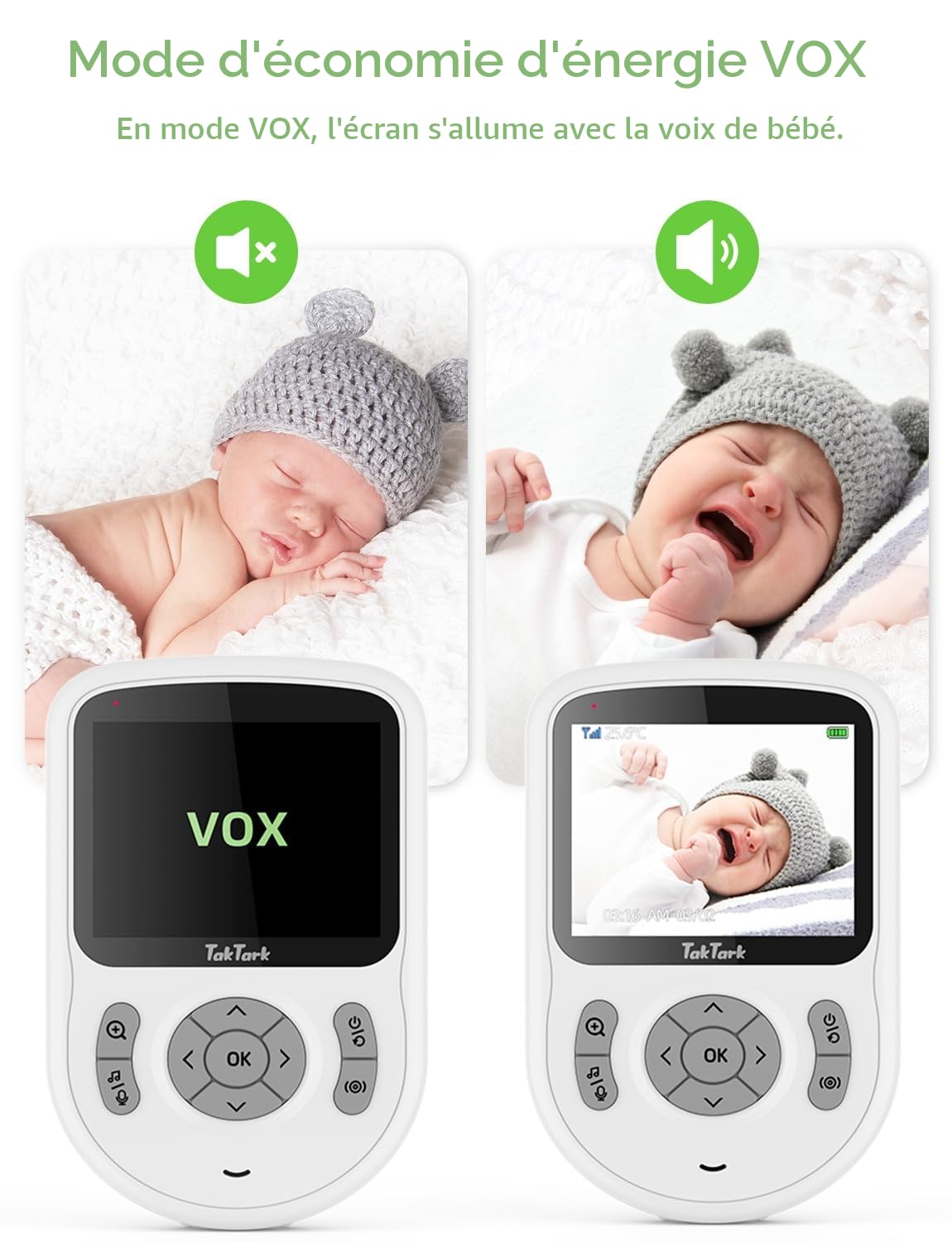 TakTark Babyphone avec caméra, 2,8" 720P HD IPS, avec portée de 1000 m, batterie de 20 heures, caméra sans Wi-Fi, VOX, conversation bidirectionnelle, vision nocturne, zoom 3 × et surveillance de la