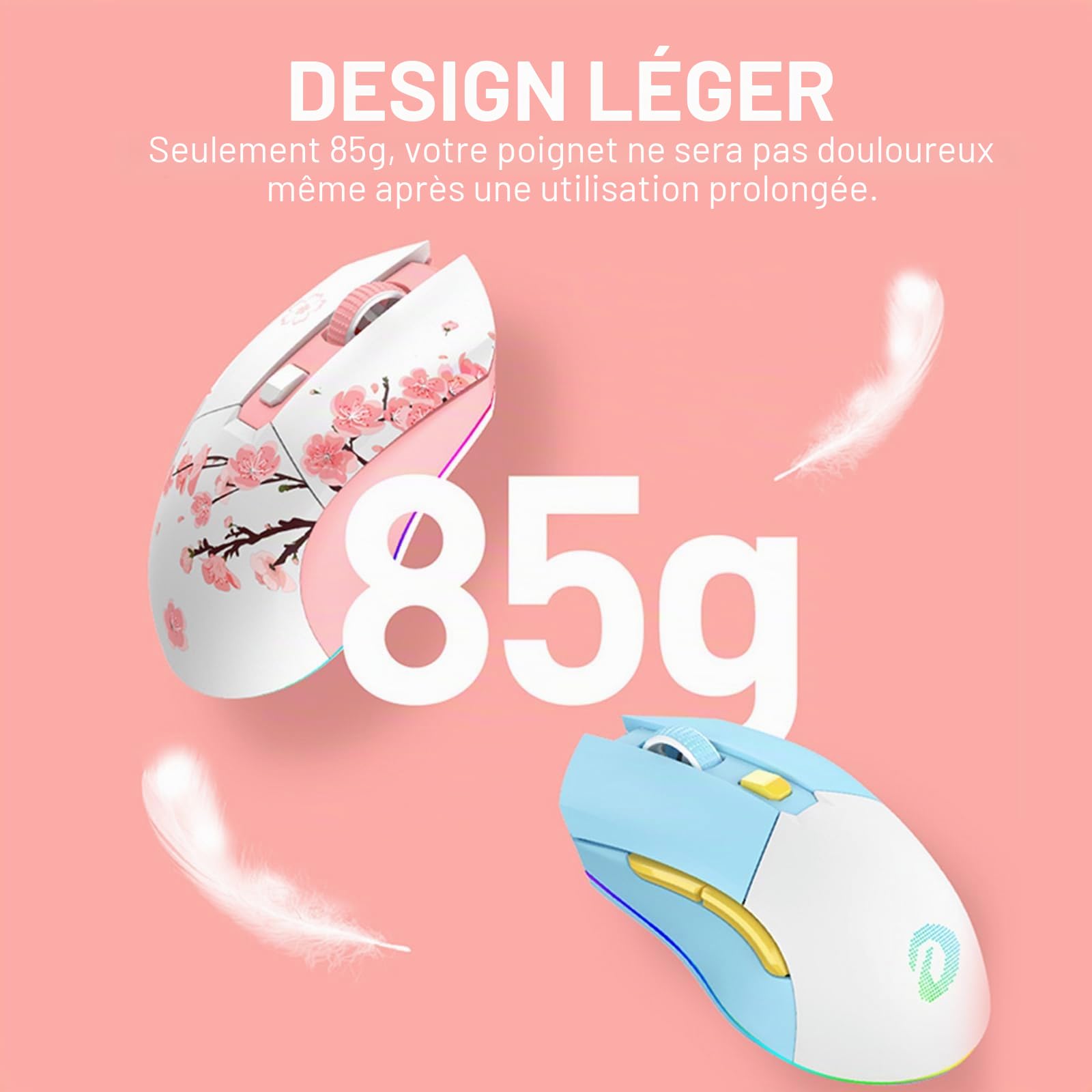 DAREU Sakura Souris sans Fil Rose avec Station de Chargement Rechargeable RGB, 12K DPI, 7 Boutons Programmables, Capteur Haute Précision 300IPS 1000Hz Souris Gamer pour PC Notebook Mac- Rose et Blanc