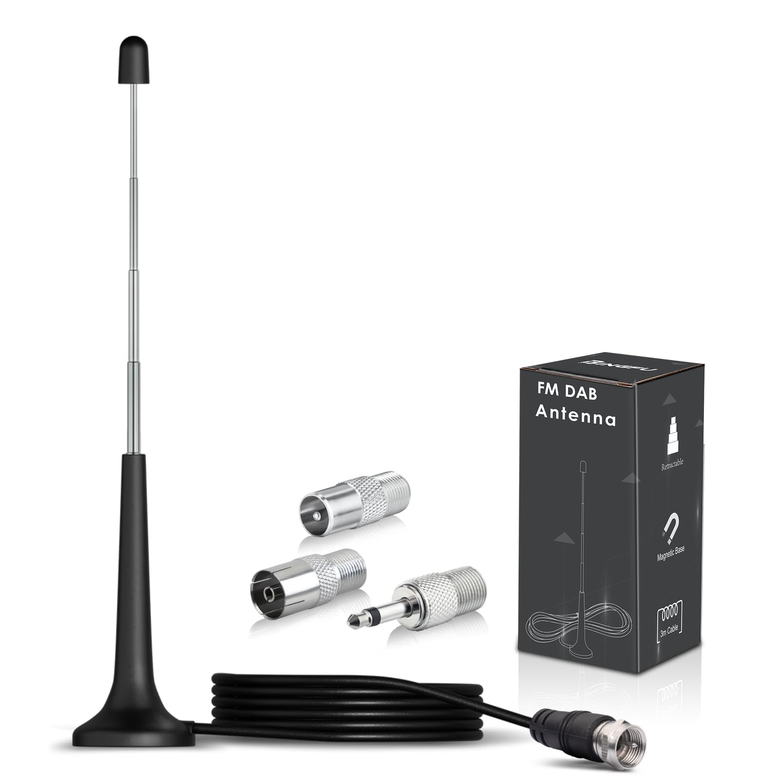 Bingfu Antenna Radio FM DAB Interni 75 ohm Base Magnetica Telescopica Cavo Prolunga da 3 m per Ricevitore Audio Video Casa