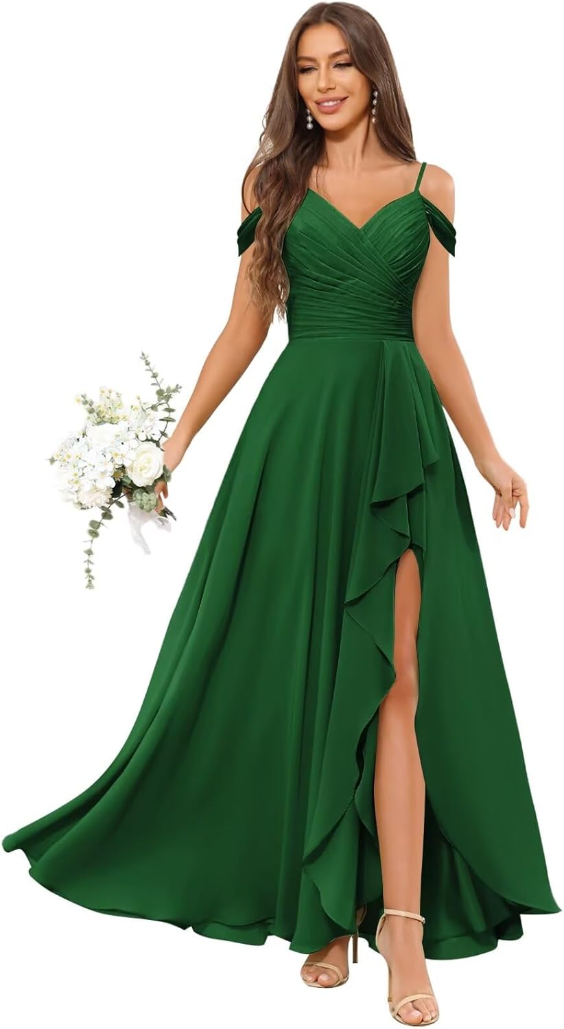 Off the Shoulder Bridesmaid Dresses for Women Pleated Ruffle Chiffon Wedding Guest Dresses