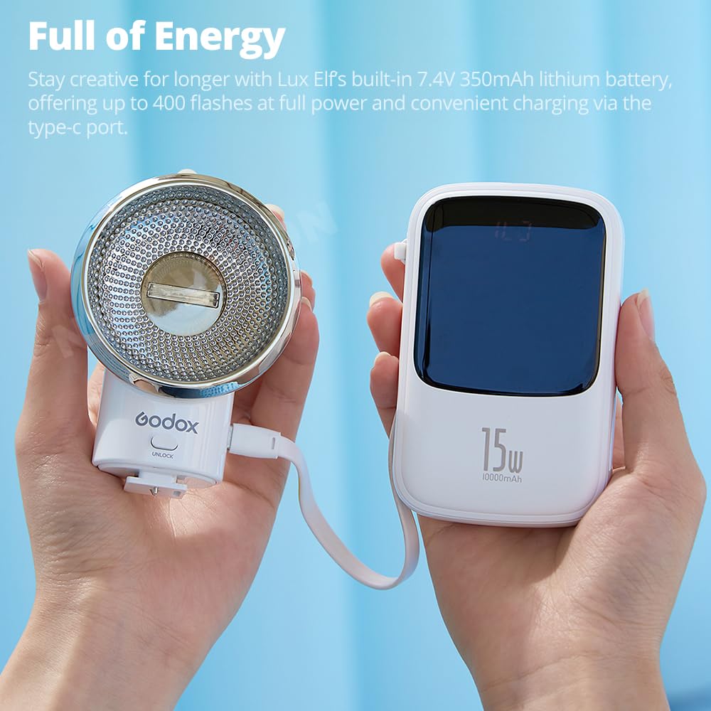 Godox LUX ELF Flash rétro CCT 6000 K ± 200 K, Temps de Recyclage (1/1 étape) -10 °C ~ 50 °C, Temps de Flash (1/1 étape) 3,6 s, Batterie au Lithium intégrée, Compatible avec Photo Canon, Sony, Nikon