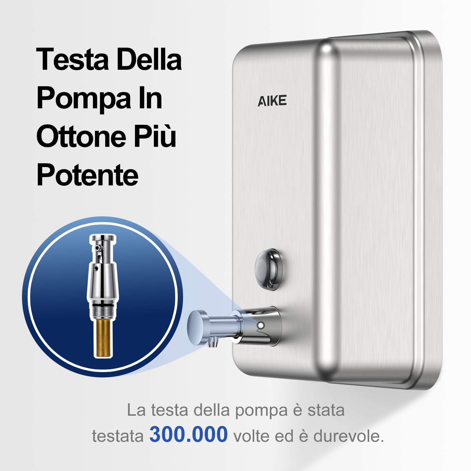 AIKE Distributore di Sapone in Acciaio Inossidabile, 1100ml a Muro, Strato Protettivo Antiruggine in ABS Integrato, Dispenser Liquido per Bagno Commerciale AK1003