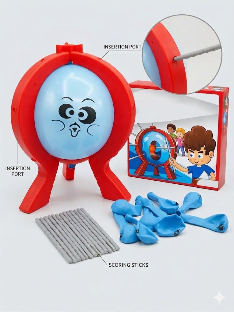 Balloon Blast - Juego de mesa divertido para la familia con 10 globos, 9 palos, dados, soporte, marco rojo
