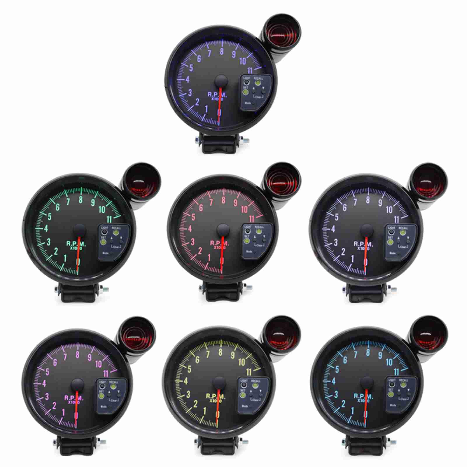 HUIOP Tachymètre de 5 Pouces,Tachymètre Noir de 5 Pouces, rétro-éclairage 7 Couleurs avec lumière de Changement de Vitesse, Son de crête, Flash LED en Cas d'avertissement de RPM