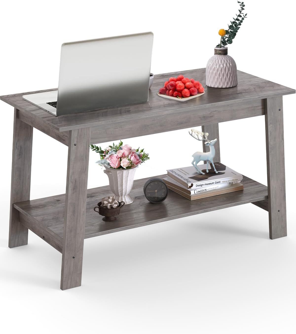 Coffee Table, Coffee Table for Living Room, Modern Farmhouse Coffee Table with Storage Shelf, 2-Tier Living Room Table Rectangular Center Table, Home Office Industrial Cocktail Tables, Grey