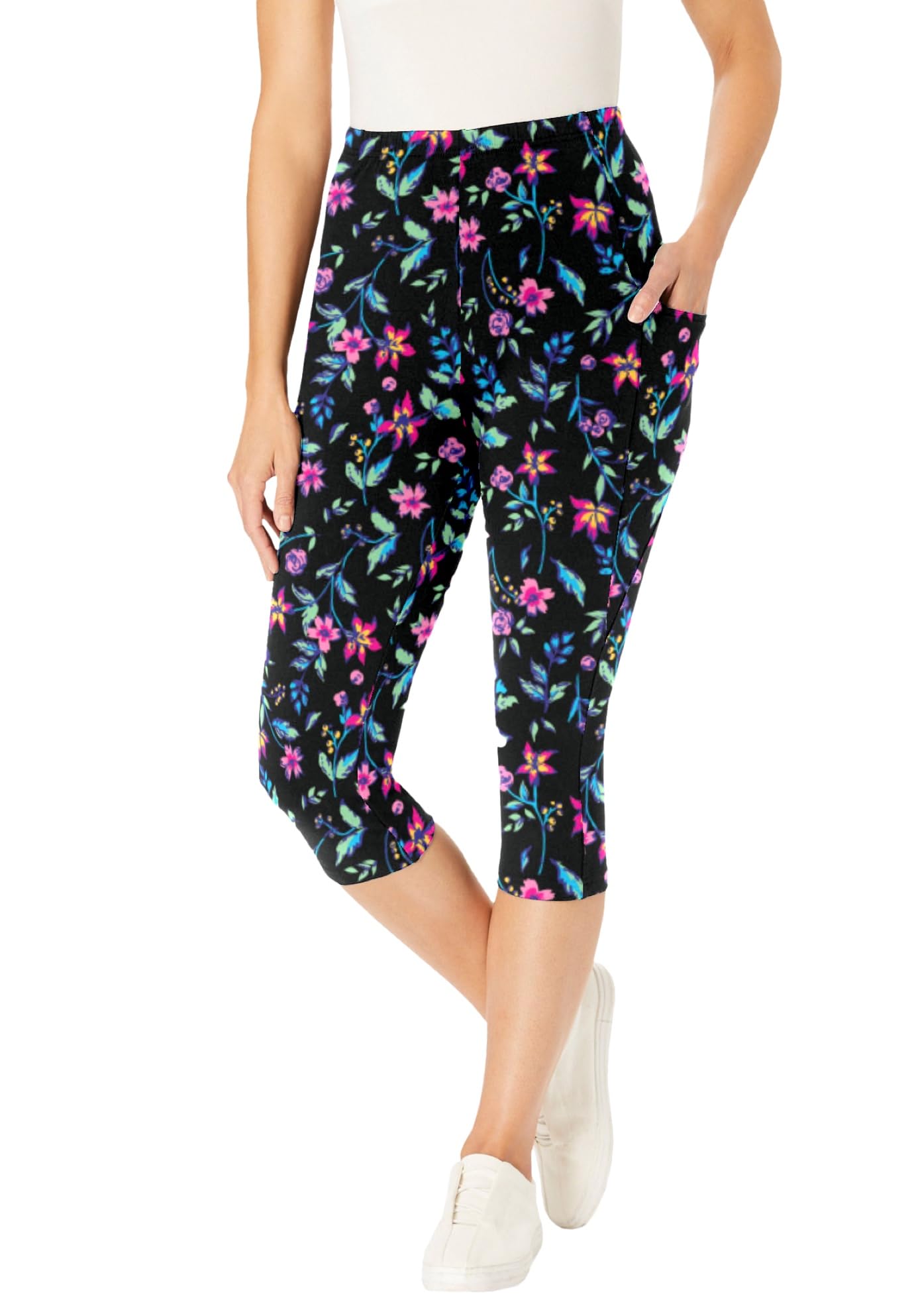 Woman Within Plus Size Stretch-Cotton Knit Pull-On Printed Pocket Capri Leggings