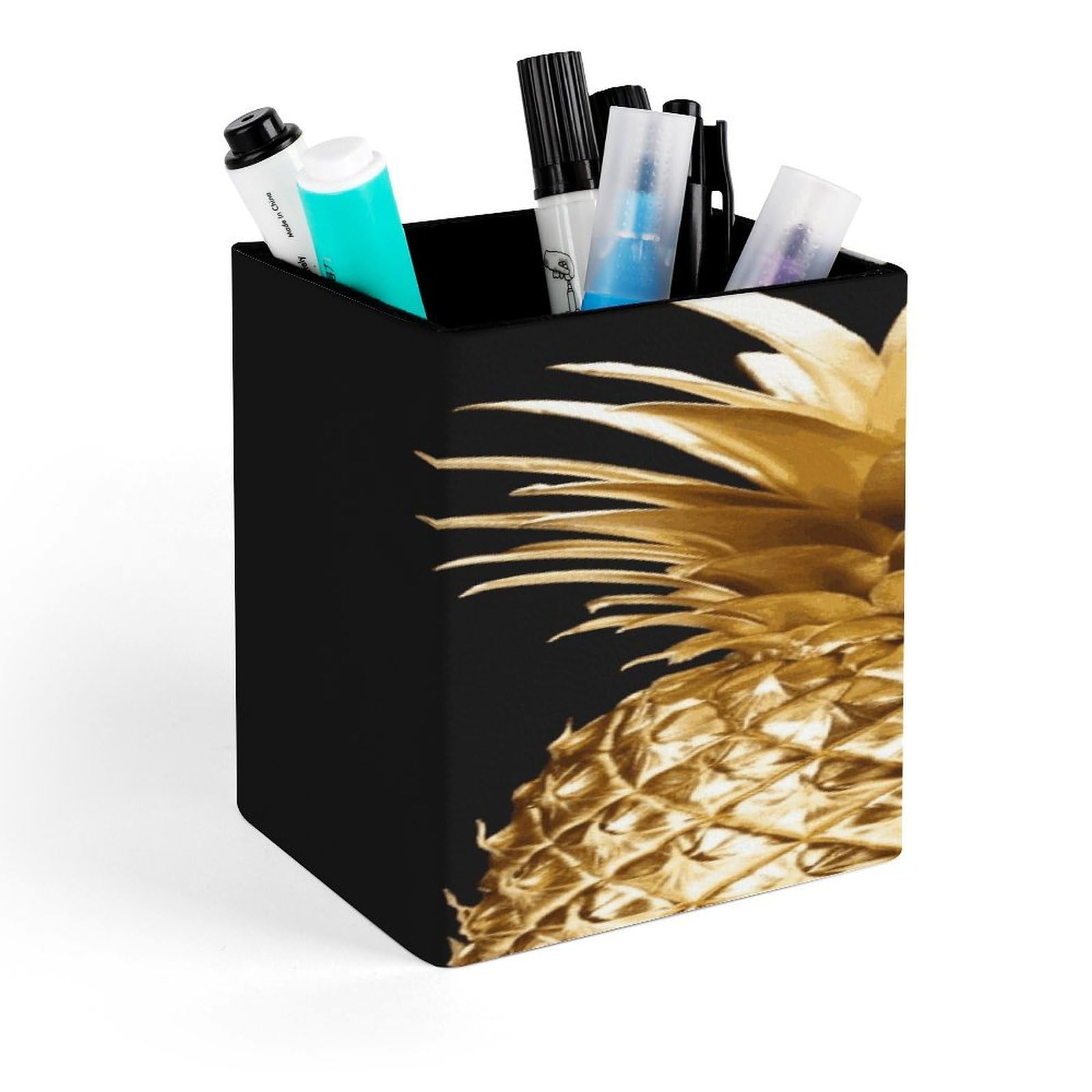 JTREHY - Gold Pineapple Pen Holder, Square Pencil Holder for Makeup Brushes Cups PU Leather Stationery Organizer Office Accessories Box