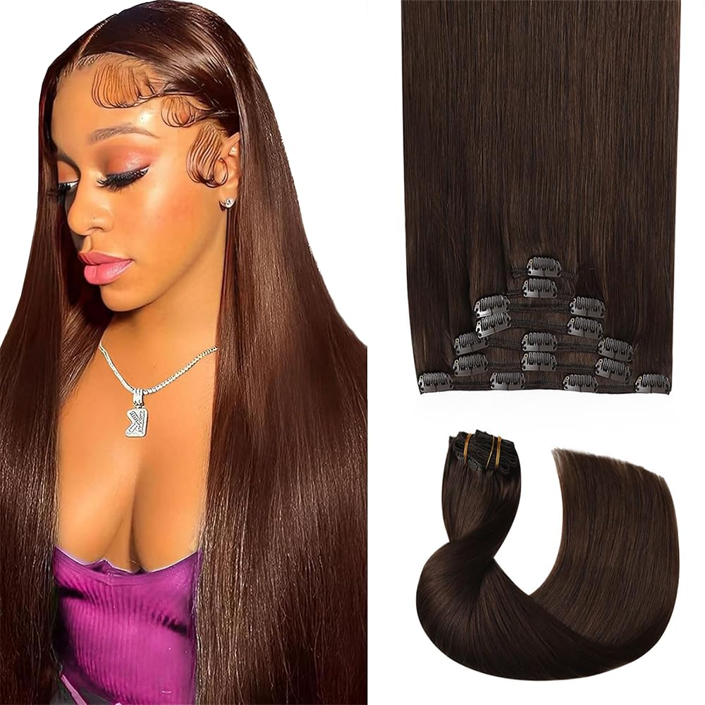 Photo 1 of 20 Inch #4 Brown Clip in Hair Extensions,Soft Real Human Hair 120g 7pcs,Brazilian Dark Brown Clip ins for Women,Chocolate Brown Straight Clip ins Silky Hair Extensions
