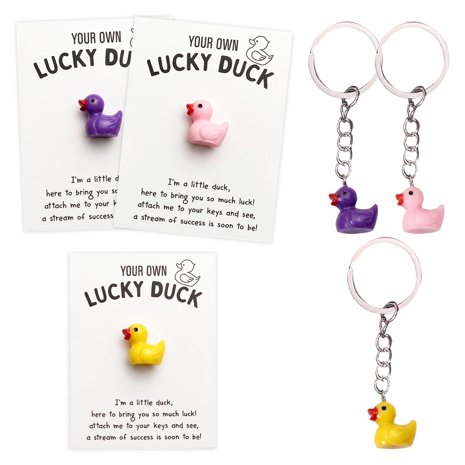 Ethlomoer Cute Duck Keyring - Little Yellow Duck Keychain with Encouragement Card, Pocket Hug & Good Luck Card - Mini Keyring for Women & Kids, Pendant Accessories (Colorful-3PCS)