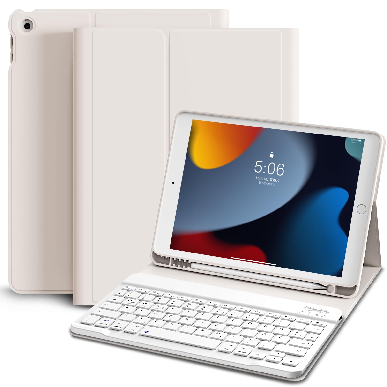 Funda con teclado para iPad 9, 8ª y 7ª generación de 10,2 pulgadas 2021/2020/2019, teclado inalámbrico Bluetooth desmontable OWERTZ, soporte para bolígrafo integrado, blanco