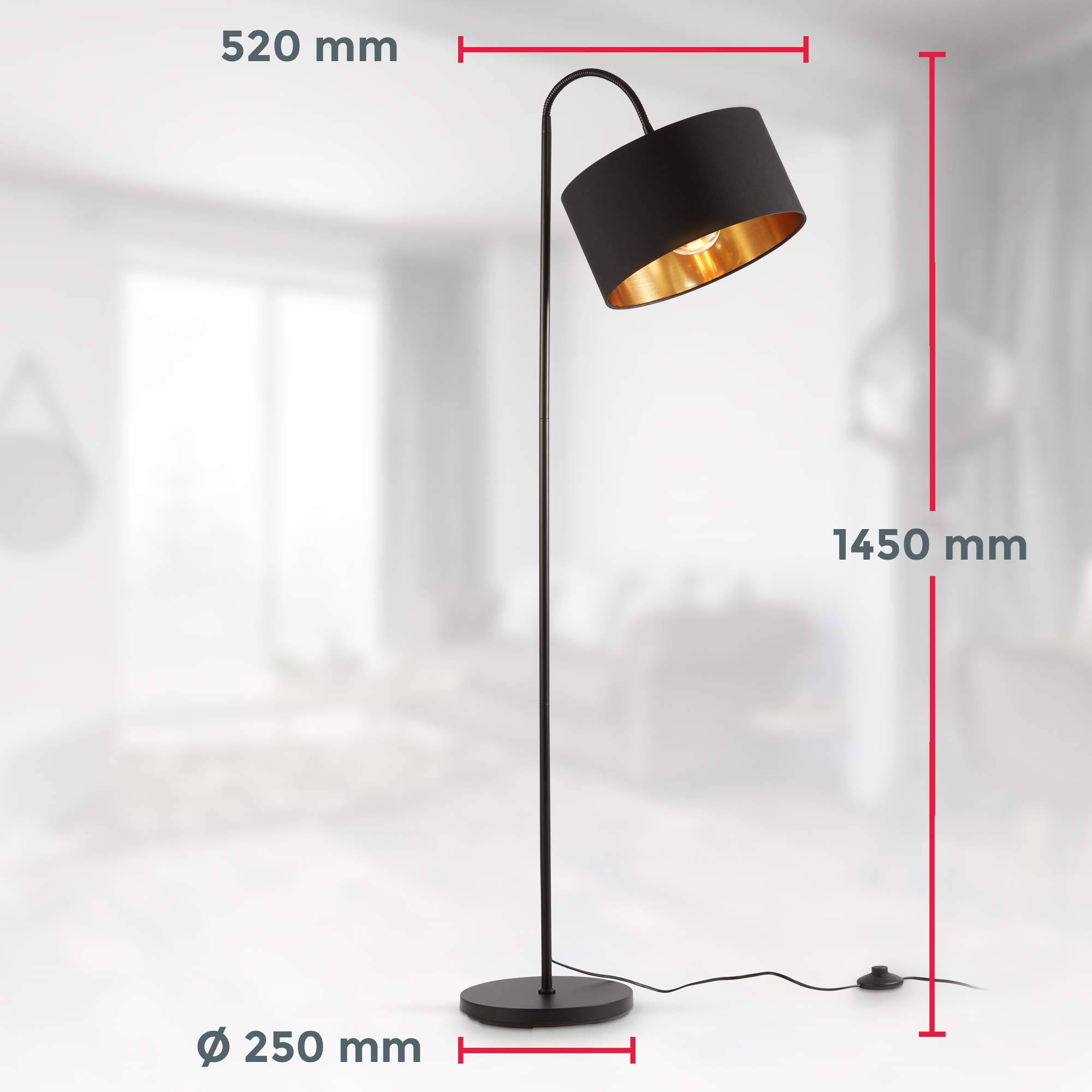 B.K.Licht Lampada da terra con paralume orientabile nero-oro, attacco per lampadina E27 non inclusa, piantana retro con interruttore a pedale, paralume in tessuto Ø30 cm