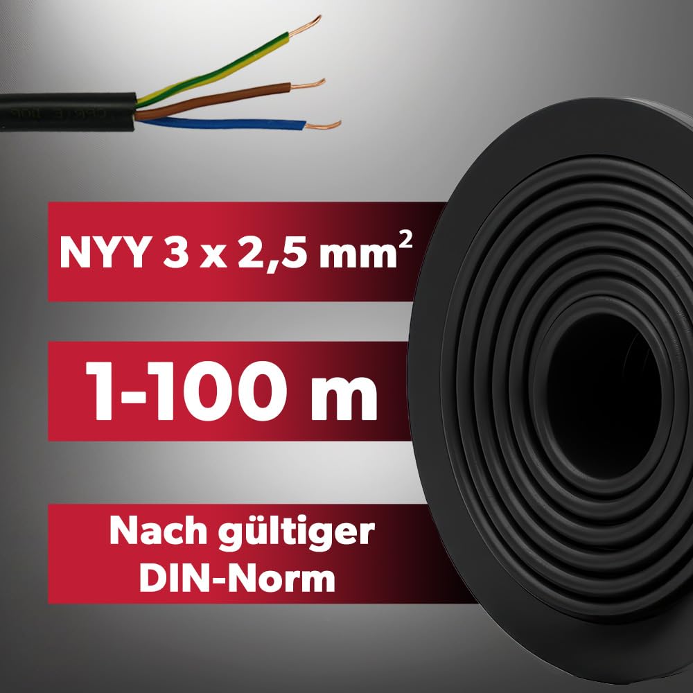 siwitec NYY-Kabel, NYY-J 3x2,5 mm², 25 m, Erdkabel, Installationskabel, Erdleitung, Kabelring - Made in Germany