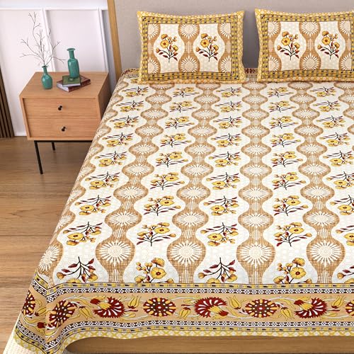 Image of India 100% Pure Cotton Jaipuri Printed Double Bedsheet with 2 Pillow Covers | Traditional Sanganeri Floral Design | Soft Breathable Fabric | King Size Bedsheet for Bedroom (Kaya49)