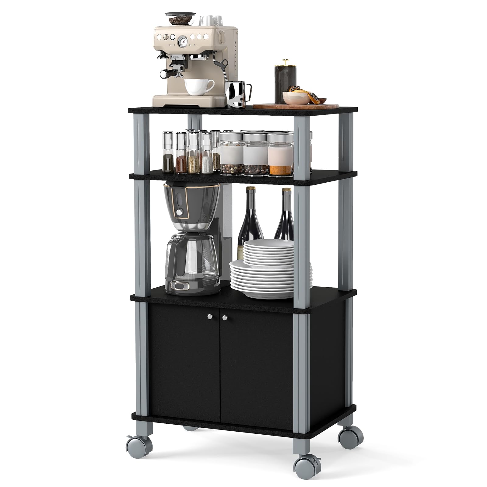 GIANTEX Carro de Microondas 3 Niveles, Estantería de Almacenamiento con 4 Ruedas, 3 Estantes y Armario con Puertas, 60 x 40 x 98 cm, Mueble Organizador para Cocina, Comedor, Salón (Negro)