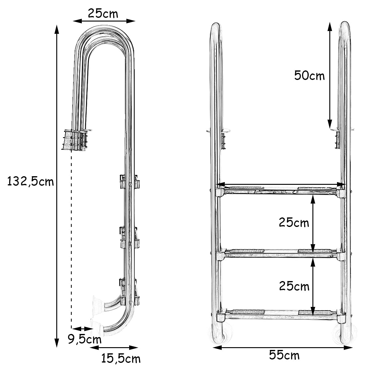 GYMAX Poolleiter 3 Stufen Schwimmbadleiter Edelstahl Einstiegsleiter mit Antirutschpads Einbauleiter Tiefbeckenleiter Sicherheitsleiter 55 x 25 x 132,5 cm