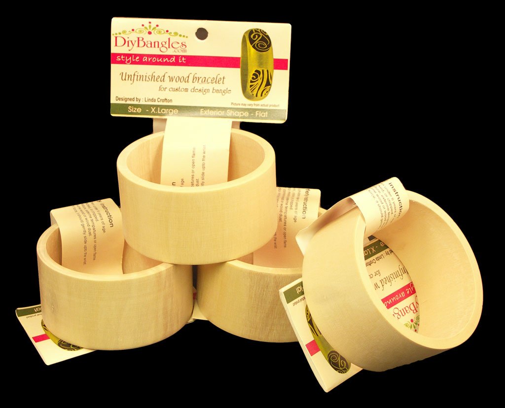 4 Pack, Wood Bangle Bracelet, Flat Exterior, 1.75" Wide, Large Size, ReadyToDecorate (R)