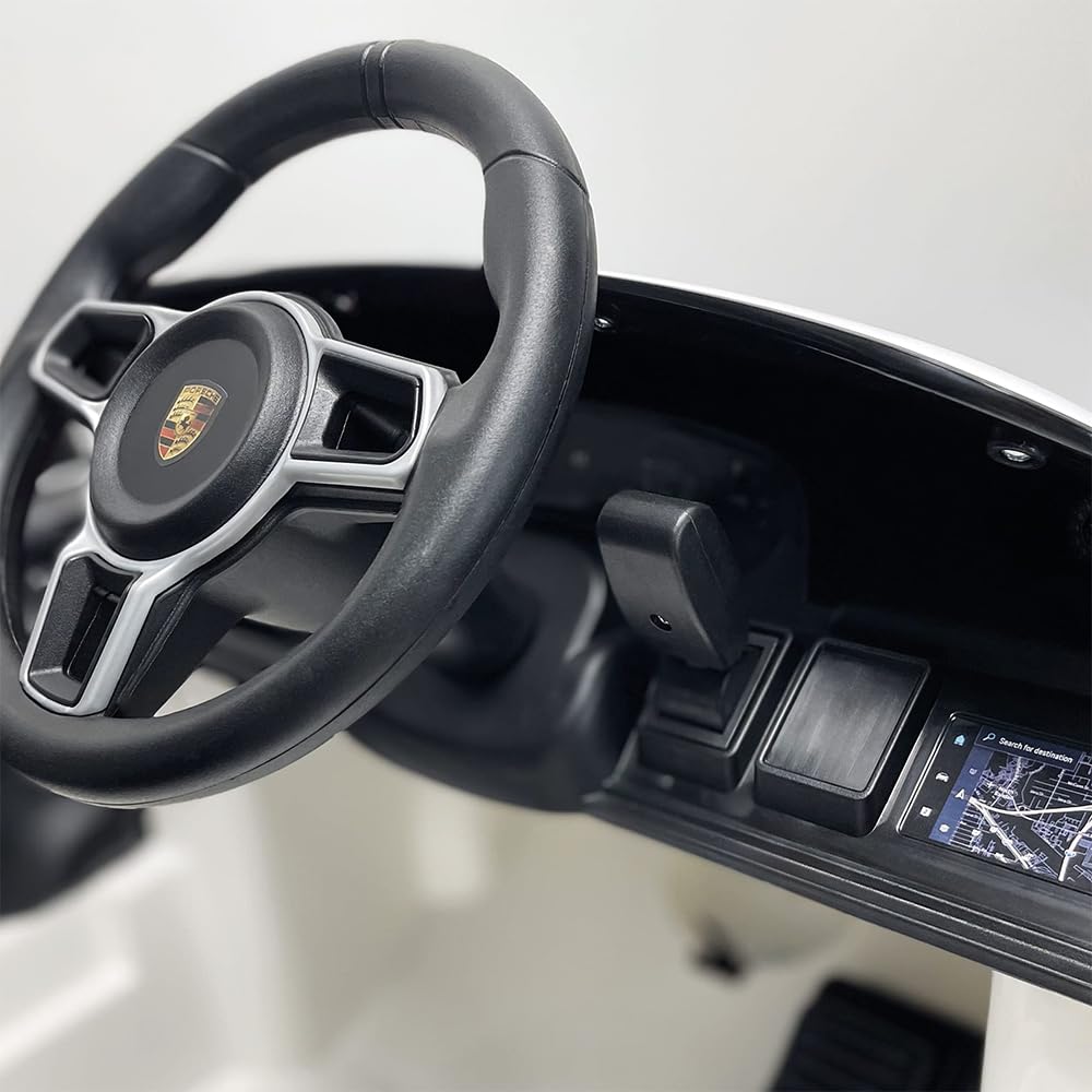 INJUSA Samochód elektryczny Porsche Taycan 12 V, dla dzieci w wieku od 2 do 4 lat, oświetlenie, hałas, bieg wsteczny, pilot zdalnego sterowania, akumulator i ładowarka w zestawie, 6 km/h, biały