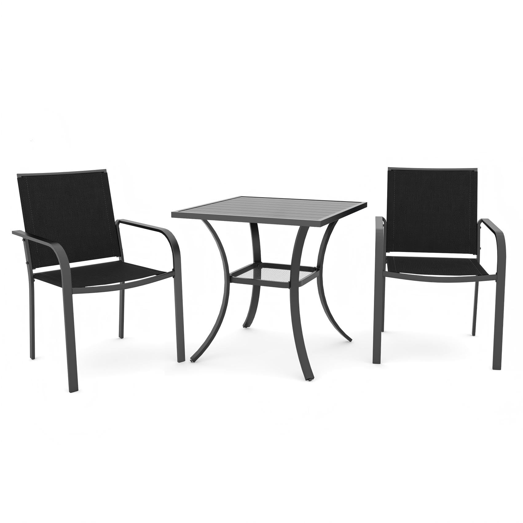Anmutig Outdoor Bistro Set for 2, Stackable Chairs &amp; Square Table, Black