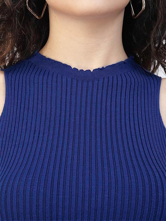 Image of Kalt Womens Knitted, Ribbed Cotton Fitted Sleeveless Round Neck Cami Tank Top