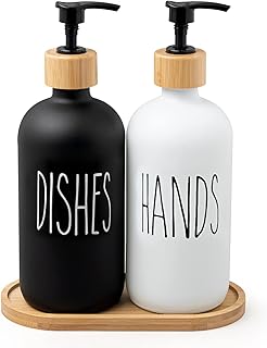 Soap Dispenser, 16OZ Glass Soap Dispenser Set with Tray, Contains Hand Soap Dispenser and Dish Soap Dispenser with BPA Free Pump, Soap Dispenser for Kitchen (White+Black)