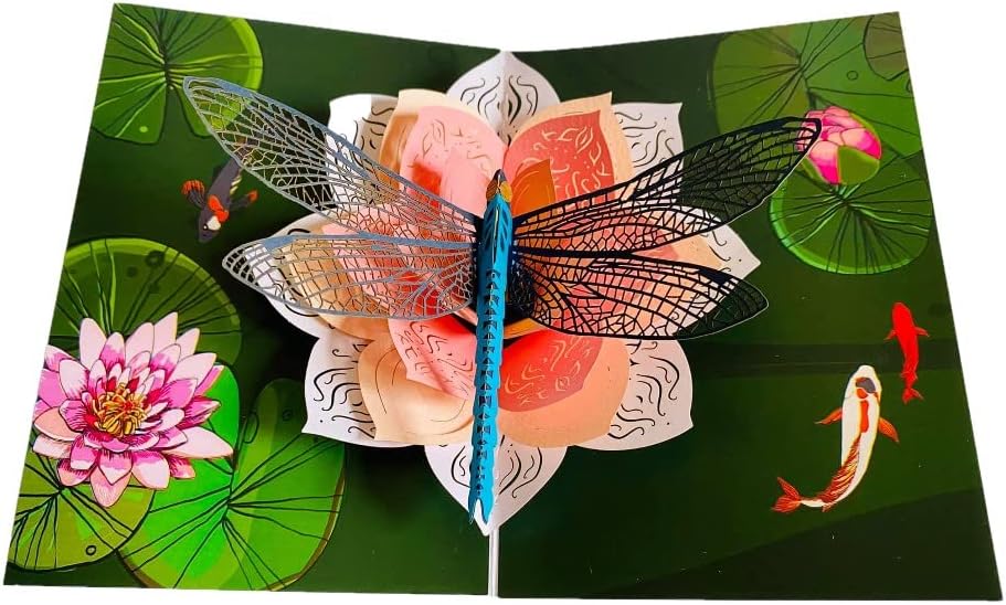 Miniatura 8 de Juego de 2 tarjetas desplegables de libélula, tarjetas emergentes 3D de feliz cumpleaños, tarjeta desplegable 3D de libélula y loto o peonía,