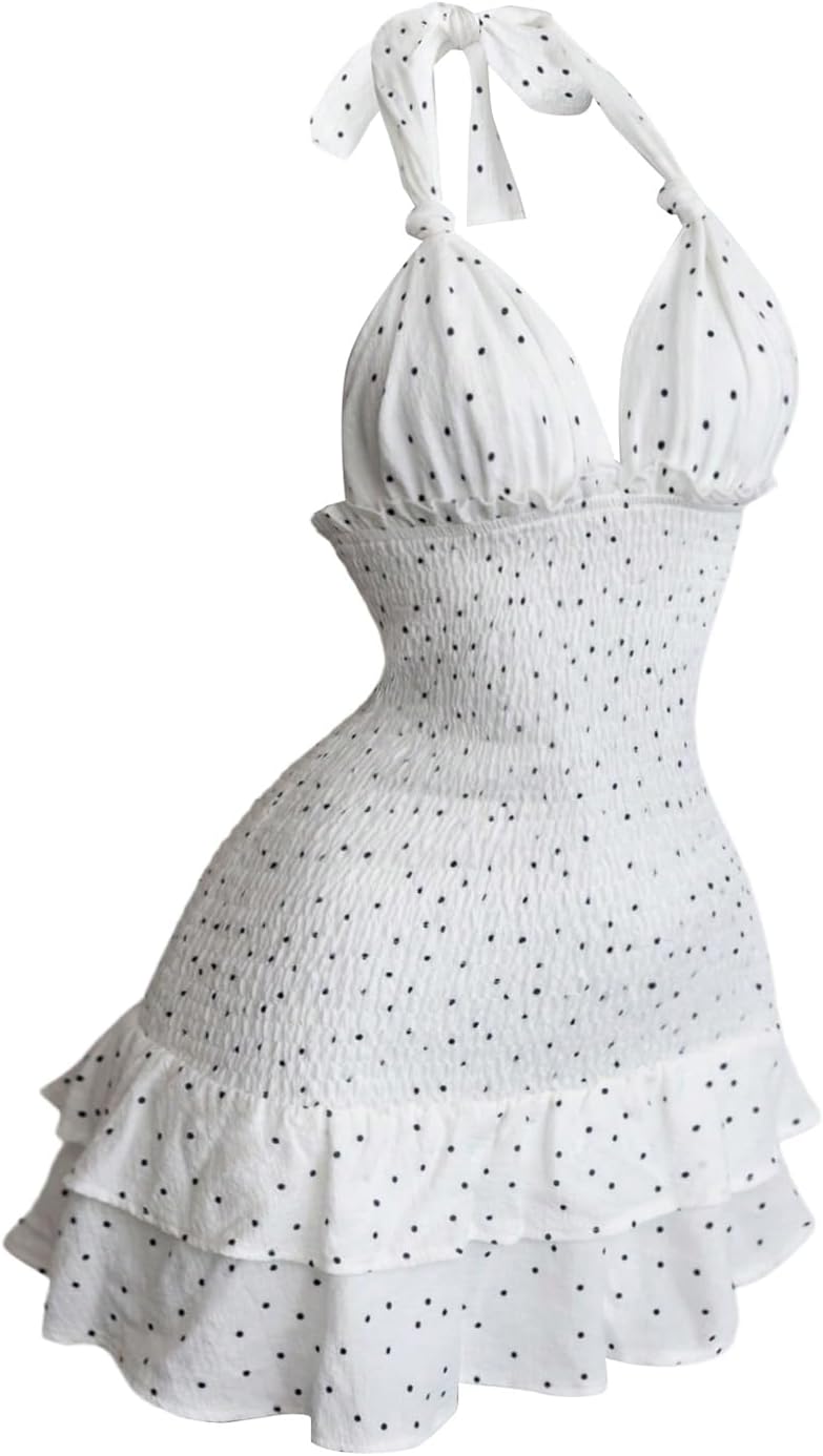 Floerns Women's Cute Halter Dress Sleeveless Polka Dots Layered Ruffle Vintage Mini Dresses