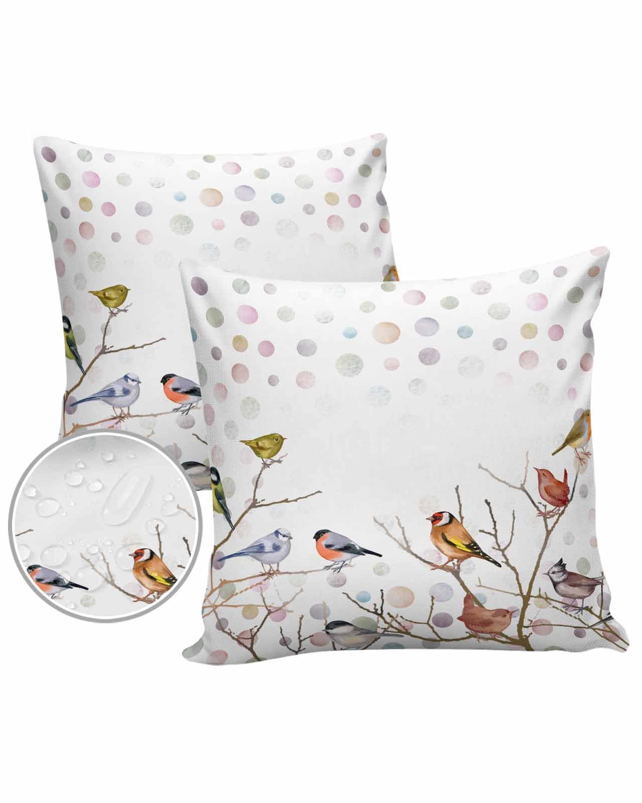 Brids White Outdoor Pillow Cover 24x24 Inch Cushion Sham Case,Waterproof Decorative Square Throw Pillowcase for Outside Garden Patio Couch Chair Tent Botanical Tree Branch Colorful Boho Polka Dots
