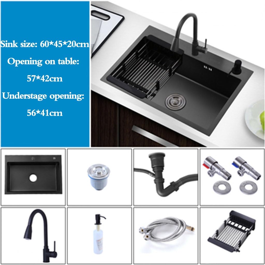Lavello da cucina a vasca singola in acciaio inox, lavello da cucina sottopiano e sopra il bancone, lavabo a sifone con rubinetto estraibile, in acciaio nero, 60 x 45 cm