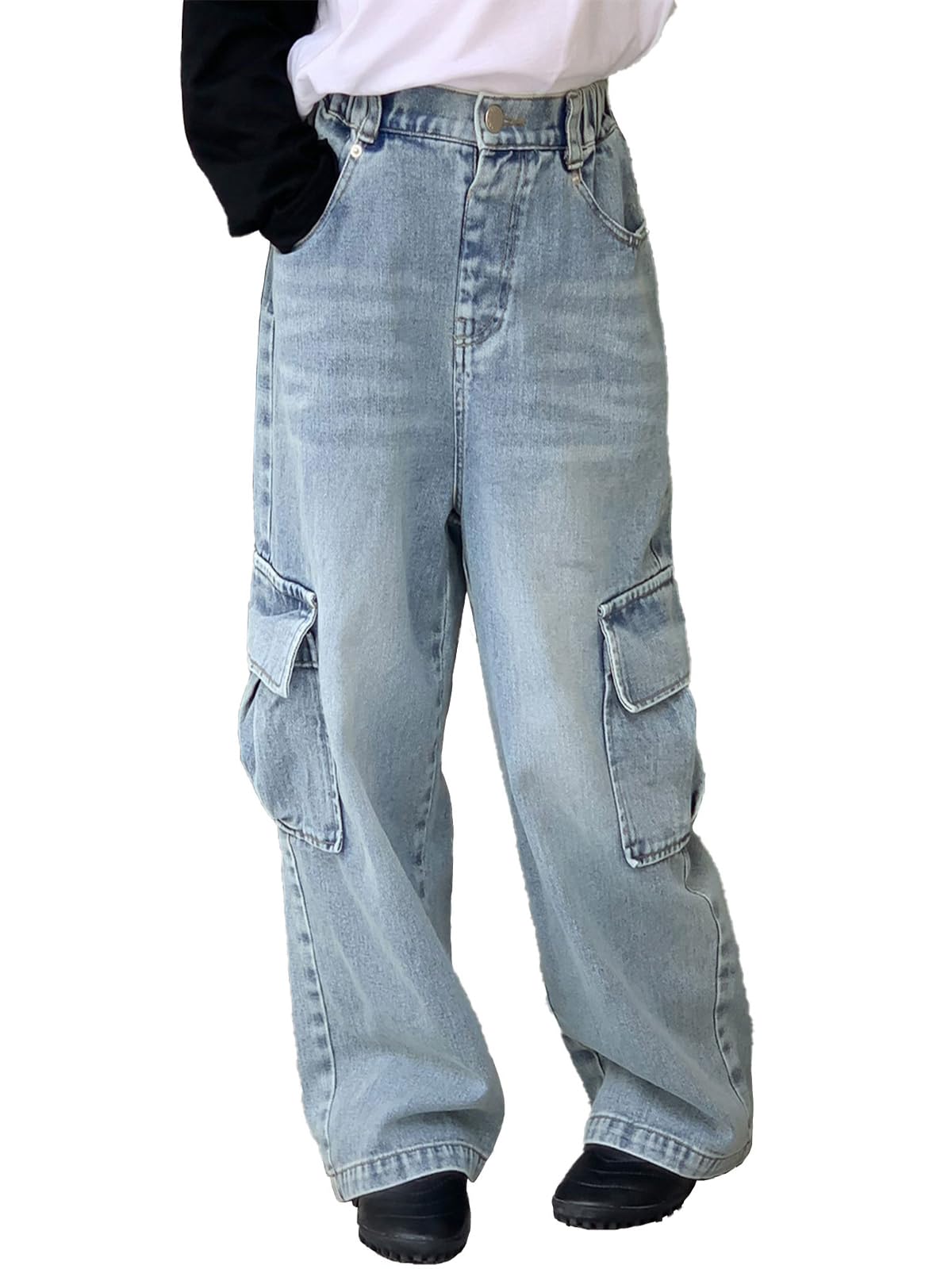 Rolanko Girls Jeans Denim Elastic Wasit Wide Leg Baggy Pants Kids Clothes 4-14 Years