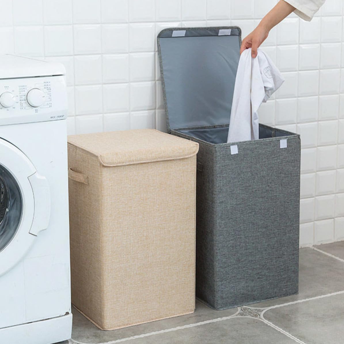 GANAZONO Cesto per Biancheria Beige Coperchio Portatile, Contenitore per Vestiti Sporchi per Piccoli Spazi tra Lavatrice e Asciugatrice