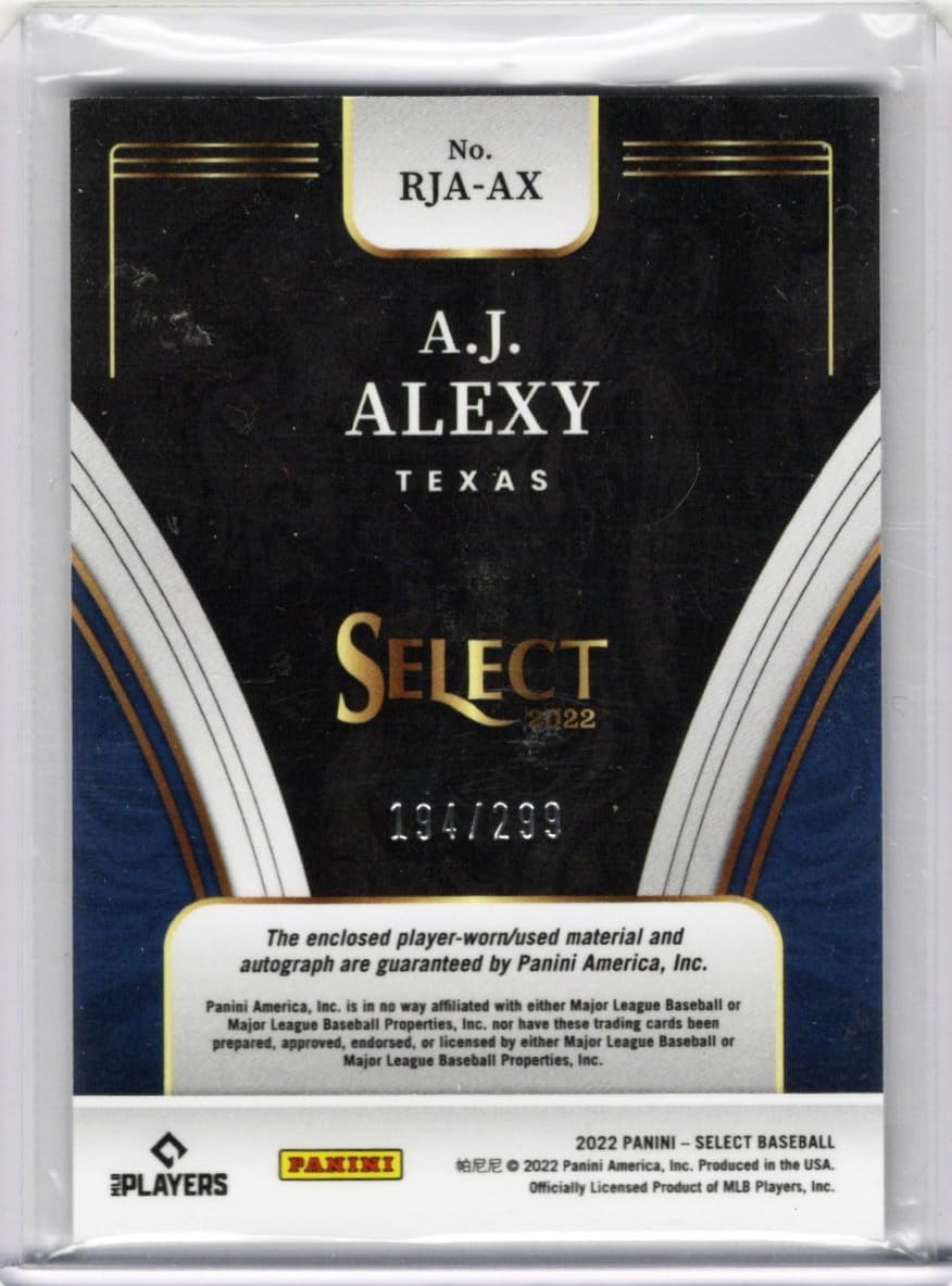 A.J. Alexy Autographed & Serial Numbered #194/299 Select Rookie Card Autograph Single Relic Game Used Jersey Memorabilia Collectible Baseball Card - 2021 Panini Select Baseball Card #RJA-AX (Rangers)