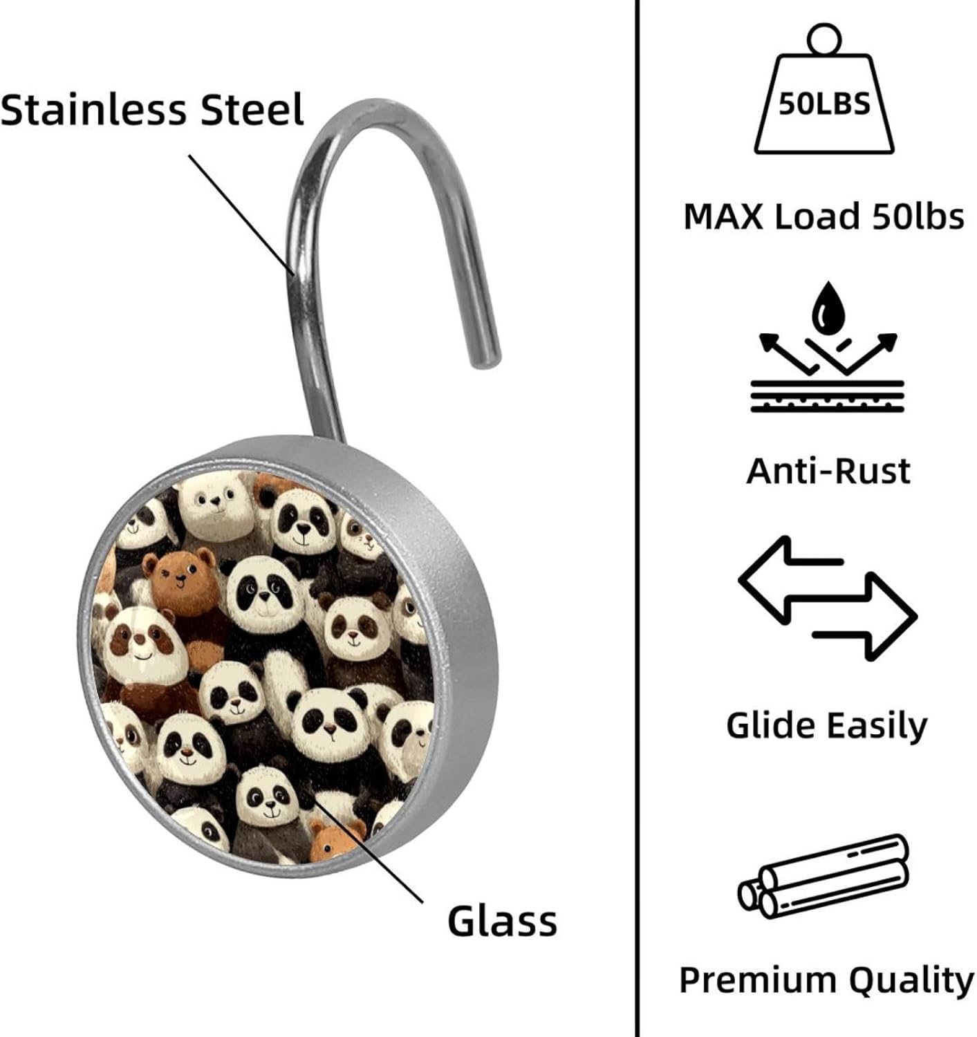 12 Pieces Cute Pandas Pattern (1) Shower Curtain Hooks Rings, Stainless Steel Shower Hook Hanger Rings for Bathroom Living Room Bedroom Home Decor