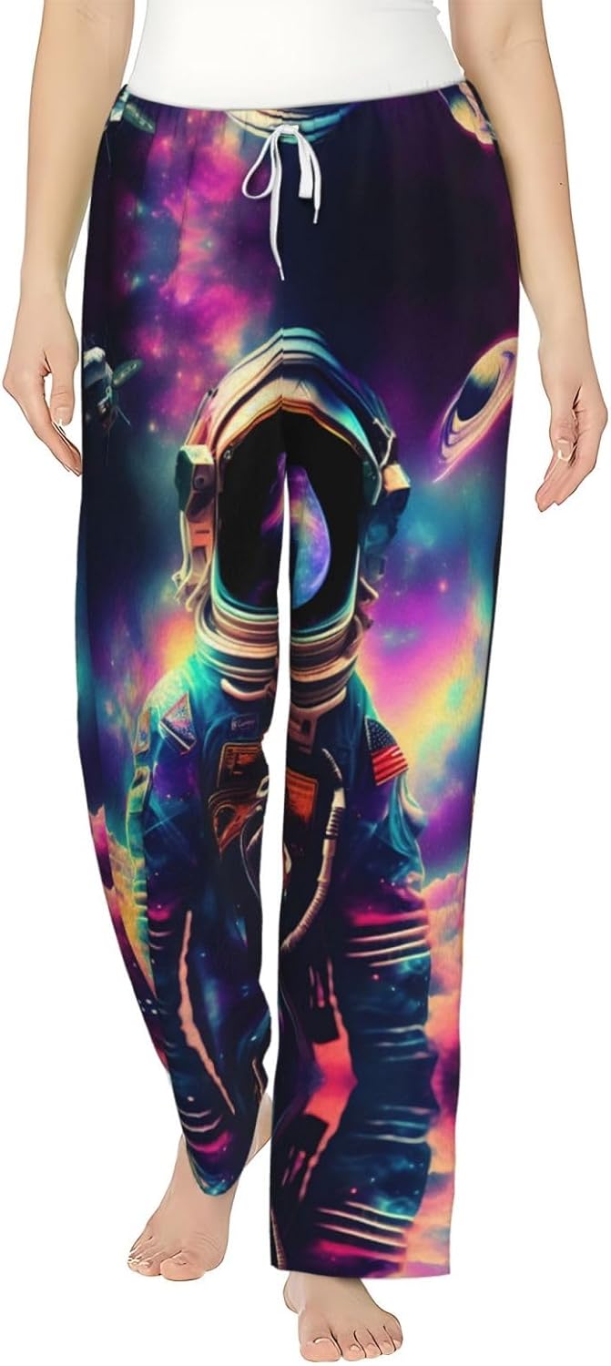 Spaceperson Galaxy Trippy Print Cozy Flannel Pajama Pants For Women,Warm Christmas Pj Pants,Cute Fleece Pajamas