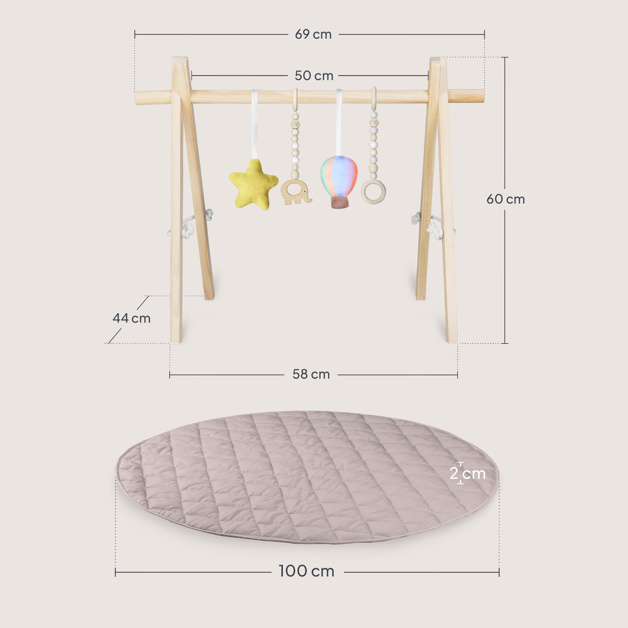 Lionelo Anis Set Manta de Actividades Bebé con Gimnasio de Madera, Baby Gym Montessori con Juguetes Desmontables, Alfombra de Algodón Antideslizante 2 cm, Plegable