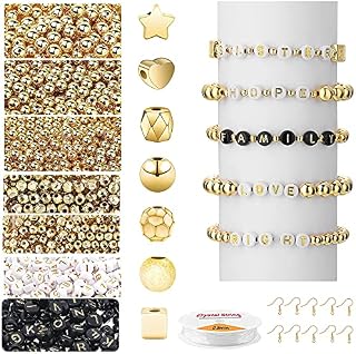 1250Pcs Beads Making Kit, 500 Pcs Gold Round Spacer Beads,200 Pcs Alphabet Beads, 6 Kinds of Special-Shaped Beads 550 pcs,10 Pcs Earring Hooks and 1 Rolls Elastic String for DIY Bracelet Jewelry