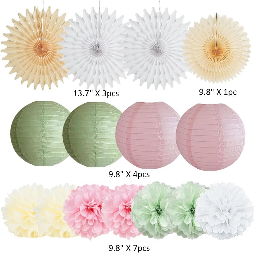 Sage Green and Pink Party Decorations Paper Lanterns Decorative Pink Gold Tissue Paper Pom Poms Sage Green Party Decorations Gold Star Garland for Baby Shower Bridal Shower Birthday Wedding Engagement