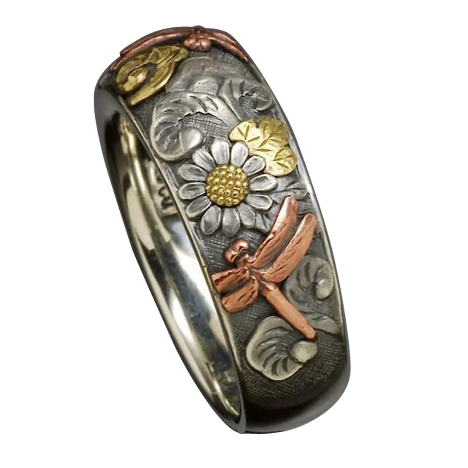 Vintage Silver and Rose Gold Color Carved Dragonfly Sunflower Ring Unique Metal Flower Rings Women Engagement Party Ring Jewelry