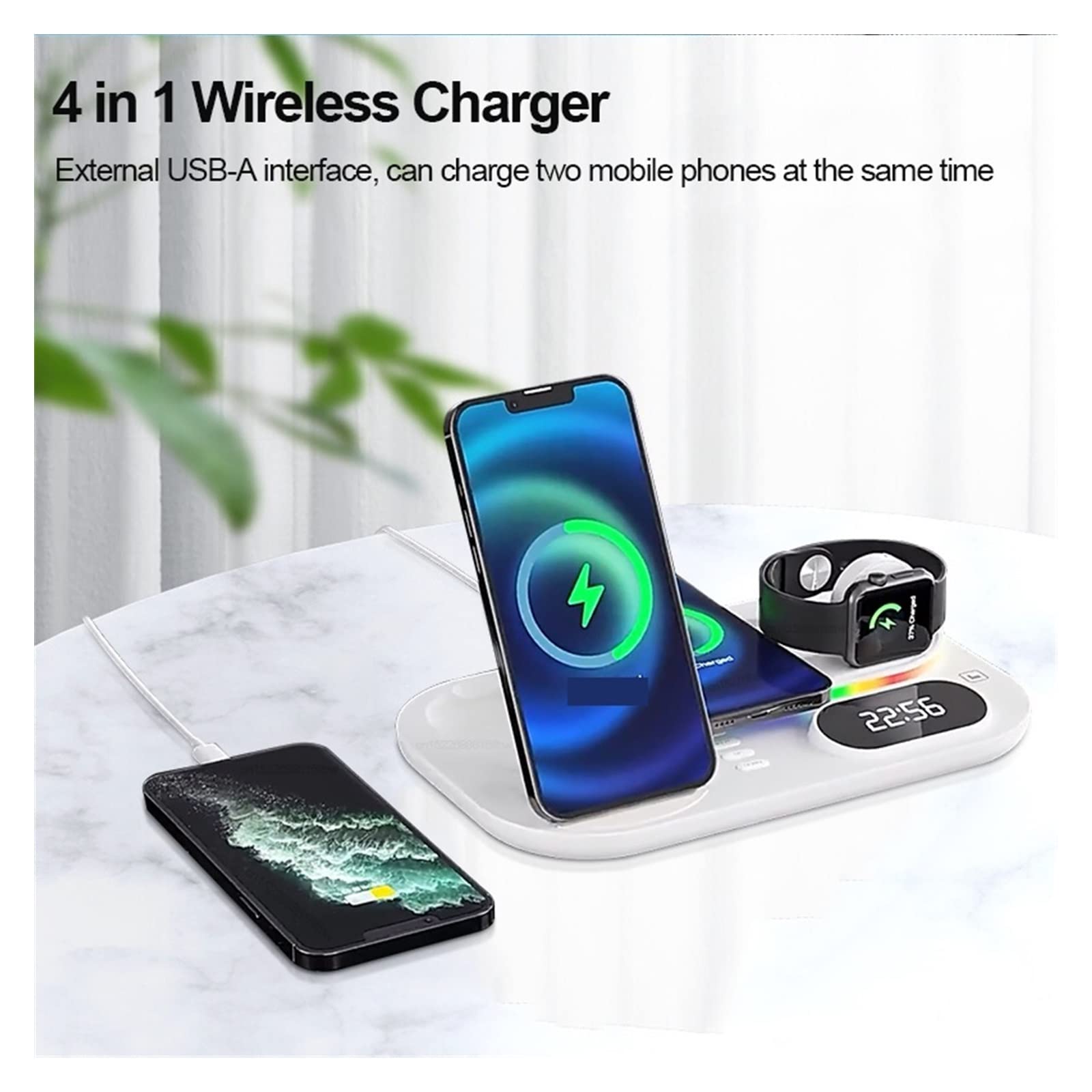 Chargeur sans Fil Chargeurs sans Fil 4 en 1 for téléphone Station d'accueil de Charge Rapide 30W for Montre/écouteurs avec Lampe et Horloge(Blanc)