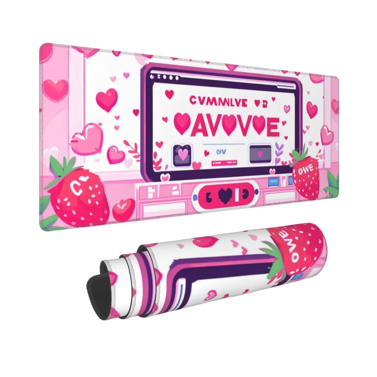 Tappetino Mouse, Tappetino Mouse Gaming Grande XXL 1500x800x3mm Tappetino Scrivania Mouse Pad, Base in Gomma Antiscivolo, Bordi Cuciti,Lavabile, Mousepad per Ufficio e Gaming (Fragola rosa) R-162