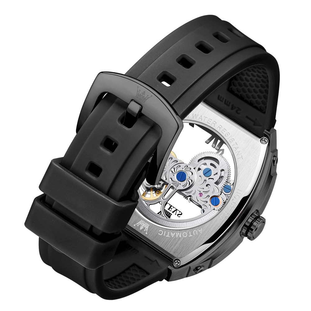 OLEVS Herren-Armbanduhr, modisch, analog, Mechanische Silikon-Uhrenarmband für Herren, rechteckig, großes Zifferblatt, wasserdicht, Militäruhr,Skelettzifferblatt